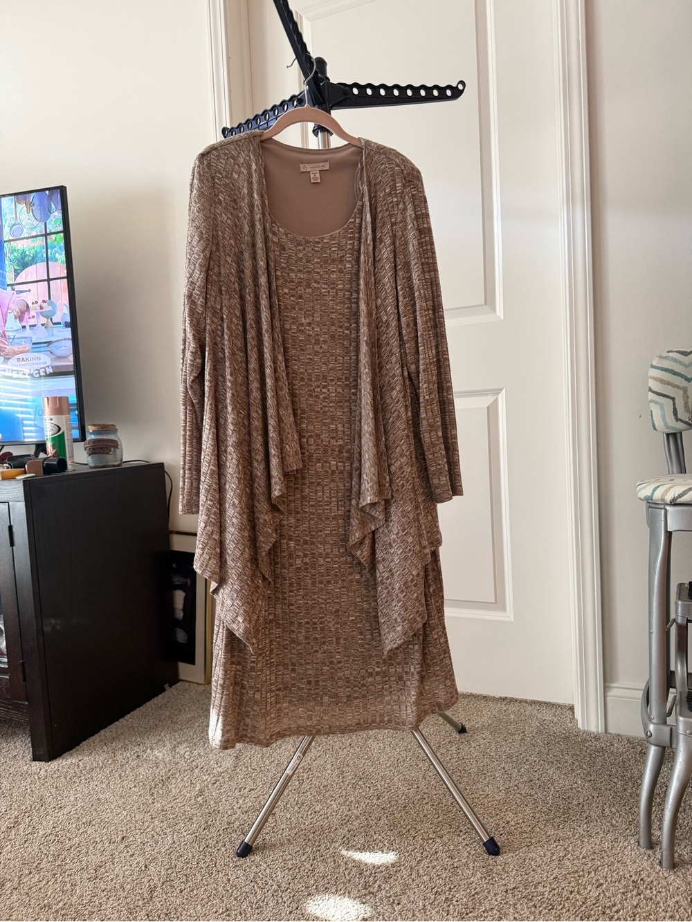One-Piece Taupe Knit Dress & Drape Cardigan